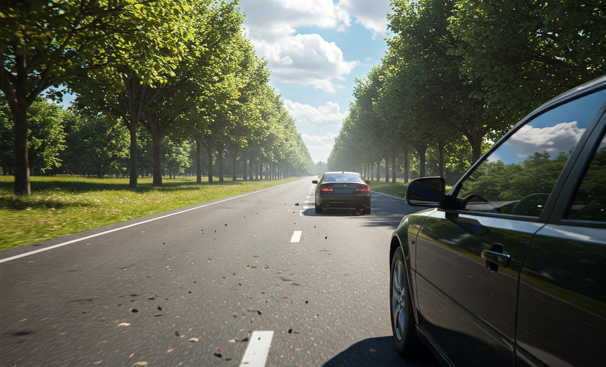 Two cars speed down a tree-lined highway under a bright blue sky with scattered clouds.