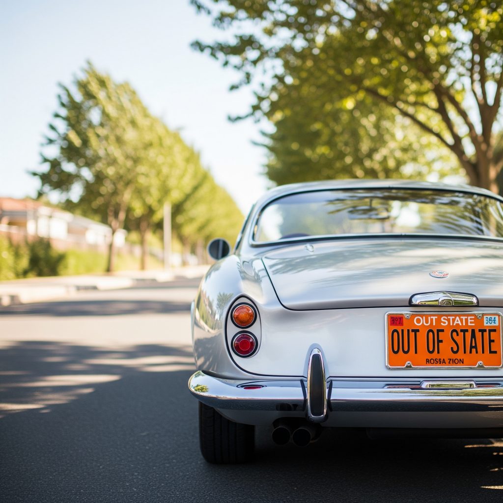 A vintage silver sports car, with an orange "OUT OF STATE" license plate, is parked on a sun-dappled residential street lined with green trees, conveying a sense of classic travel.