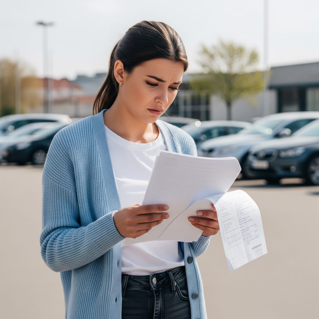 The image captures a young woman in an outdoor parking lot intently scrutinizing vehicle paperwork with a distressed expression, likely grappling with vehicle registration problems such as an expired tag or issues with her title.