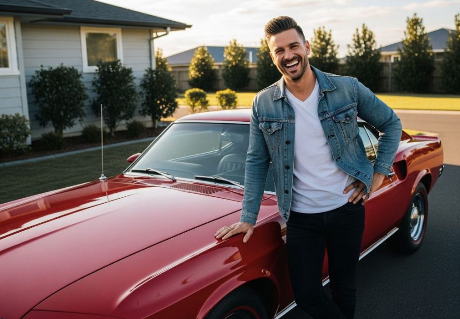 Happy Montana Registration Services Customer with his newly registered Classic Custom Build Vehicle This image shows a smiling man standing outside in front of a house, leaning against a classic red car, creating a cheerful and relaxed atmosphere.