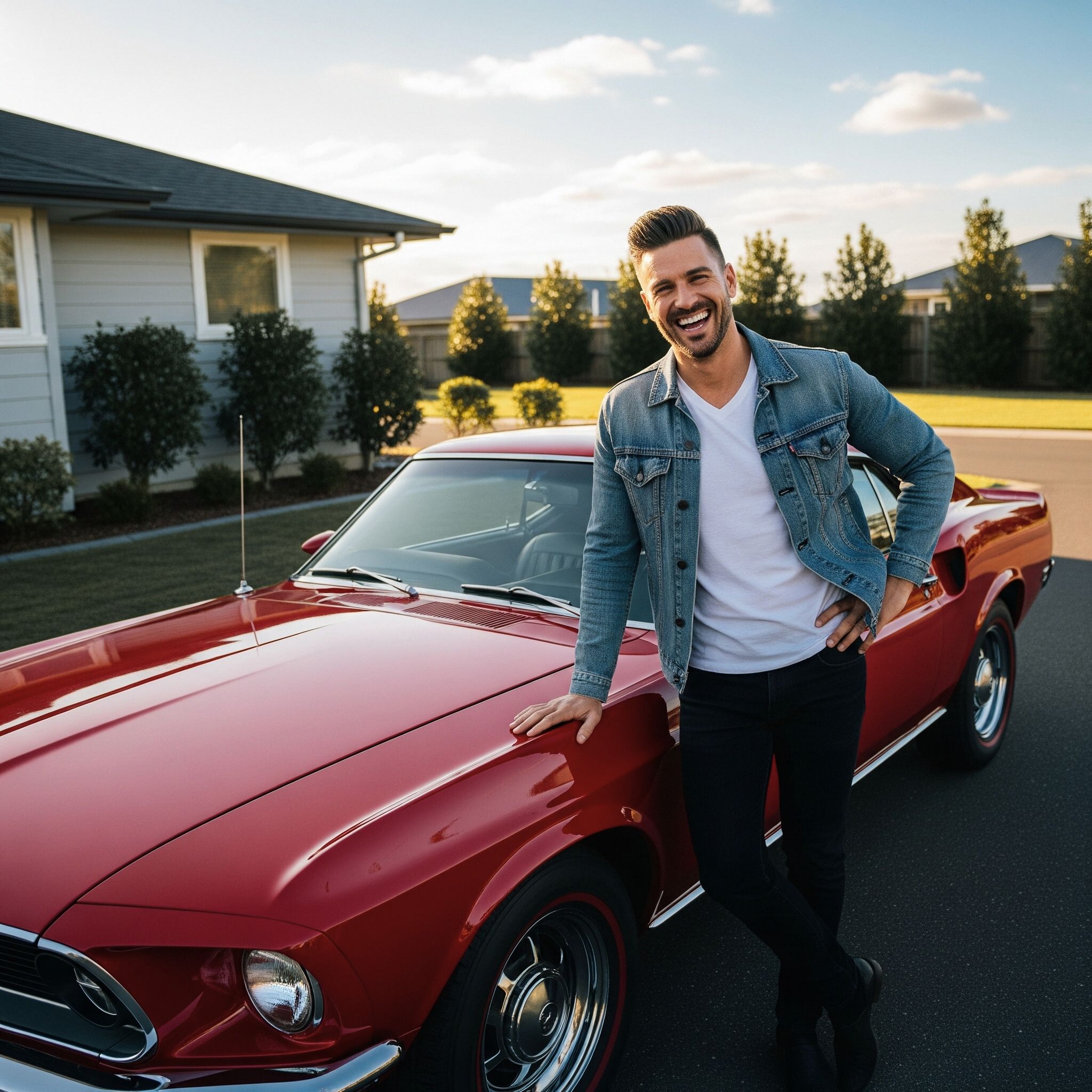 This image shows a smiling man standing outside in front of a house, leaning against a classic red car, creating a cheerful and relaxed atmosphere.