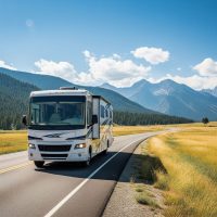 RV driving on the road during broad daylight with view of the mountains behind it This image shows a large white RV driving down a scenic open highway surrounded by golden fields, with tall pine forests and majestic mountains in the background under a bright blue sky with scattered clouds.