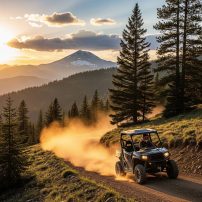UTV with person on it driving in Montana mountains This image shows a person driving a side-by-side off-road vehicle on a dusty mountain trail at sunset, with tall pine trees, rolling hills, and a snow-capped peak in the background.