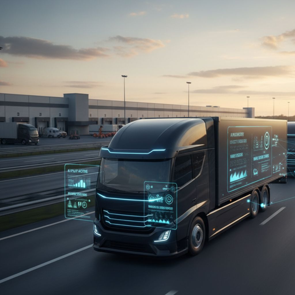 image featuring a modern truck on the open road, incorporating elements of AI and automation