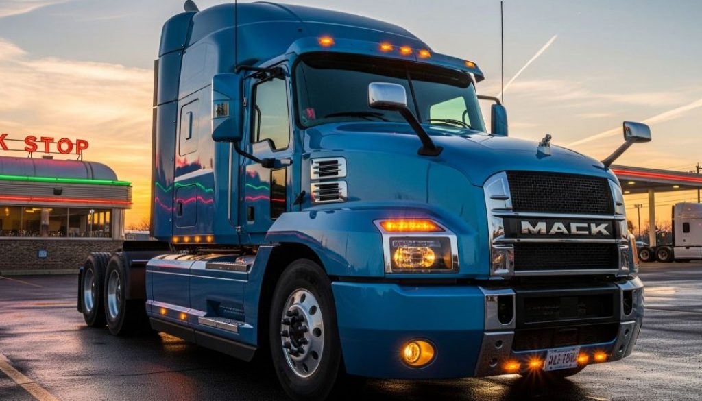 A vibrant blue Mack truck with glowing lights is parked in a truck stop lot at sunset, reflecting the warm sky on its polished chrome and the wet asphalt.