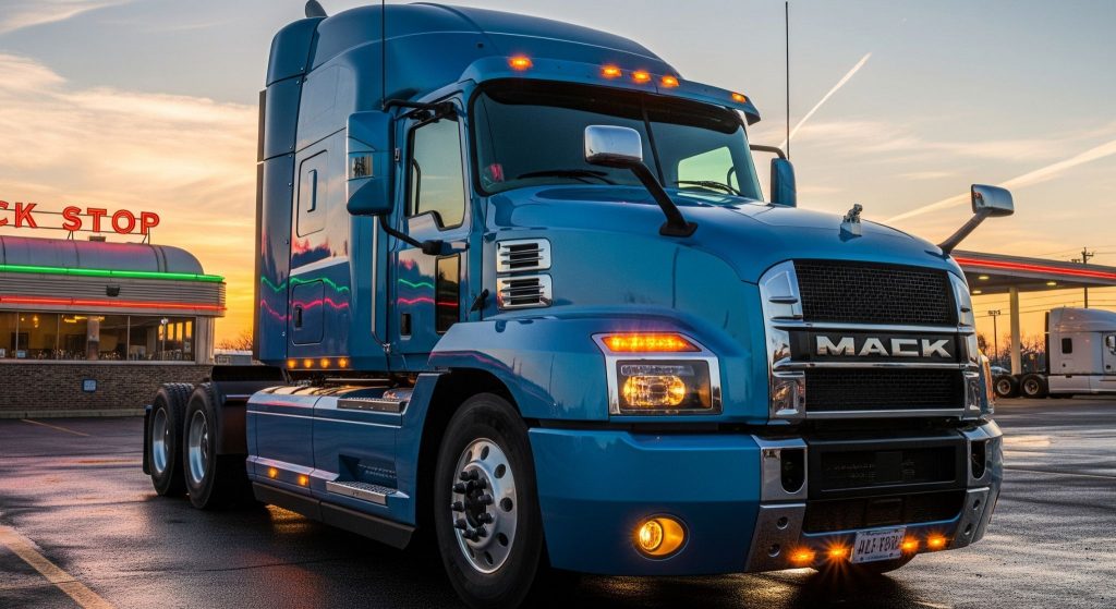 A vibrant blue Mack truck with glowing lights is parked in a truck stop lot at sunset, reflecting the warm sky on its polished chrome and the wet asphalt.