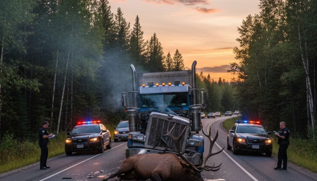Police investigate a serious road accident on a forest highway at sunset, where a large elk lies dead in the middle of the road after colliding with a semi-truck, which has sustained significant damage.