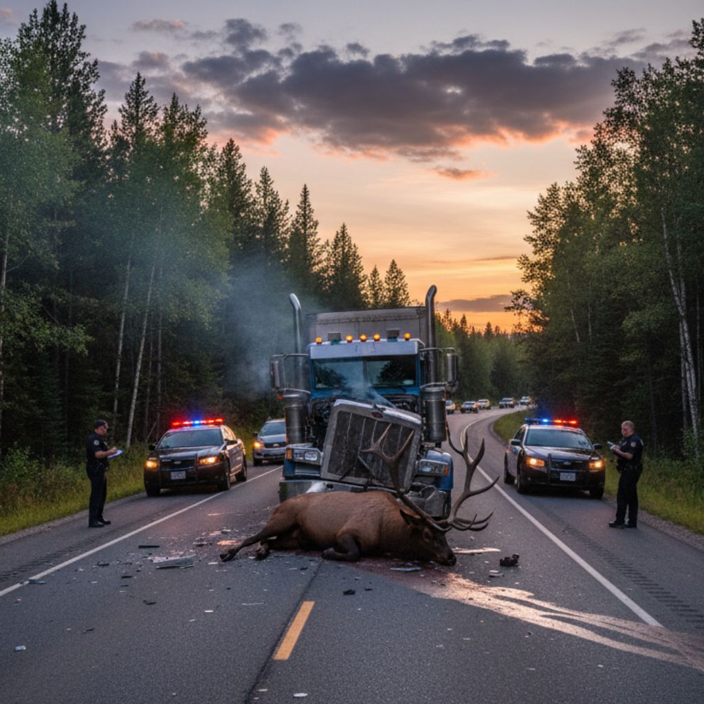 Police investigate a serious road accident on a forest highway at sunset, where a large elk lies dead in the middle of the road after colliding with a semi-truck, which has sustained significant damage.