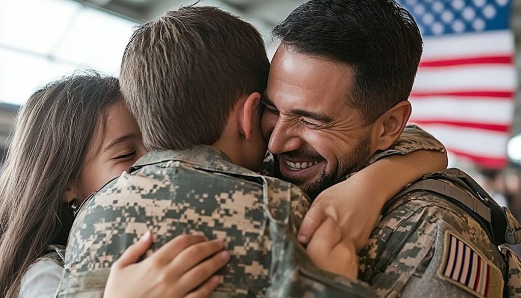 A joyful military homecoming as a smiling soldier embraces his children in a heartfelt reunion, with the American flag waving proudly in the background.