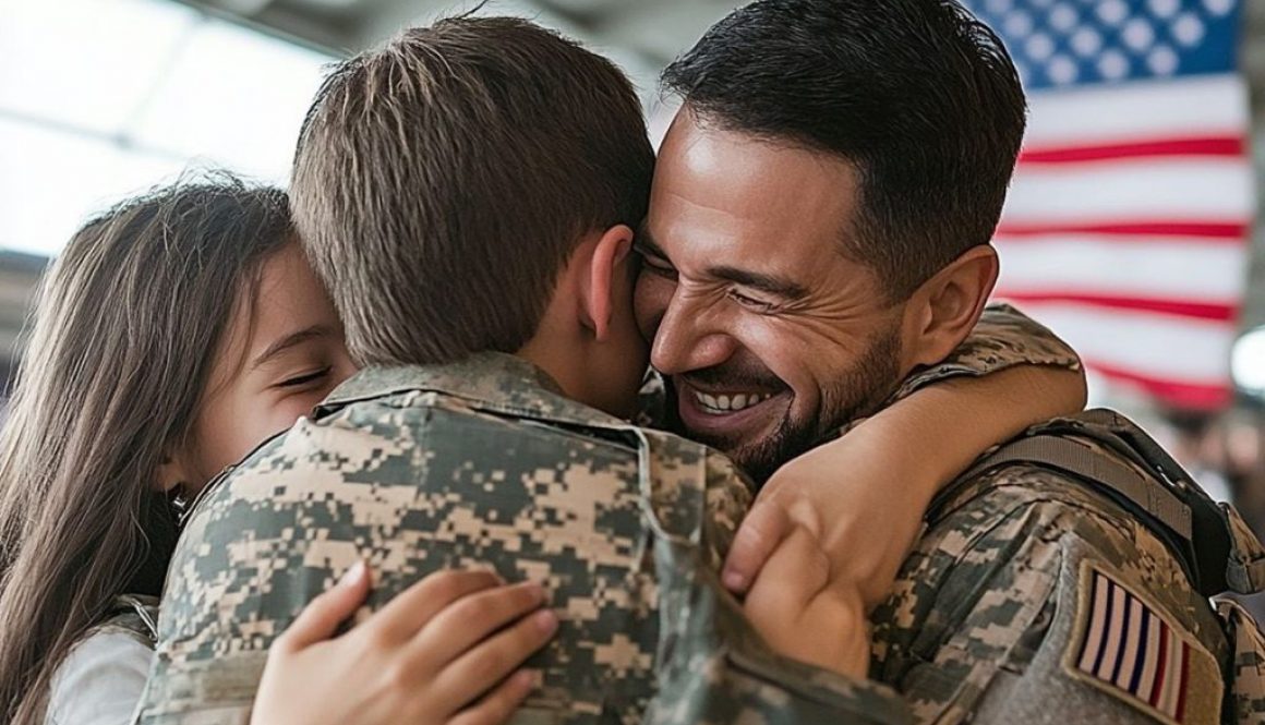 A joyful military homecoming as a smiling soldier embraces his children in a heartfelt reunion, with the American flag waving proudly in the background.