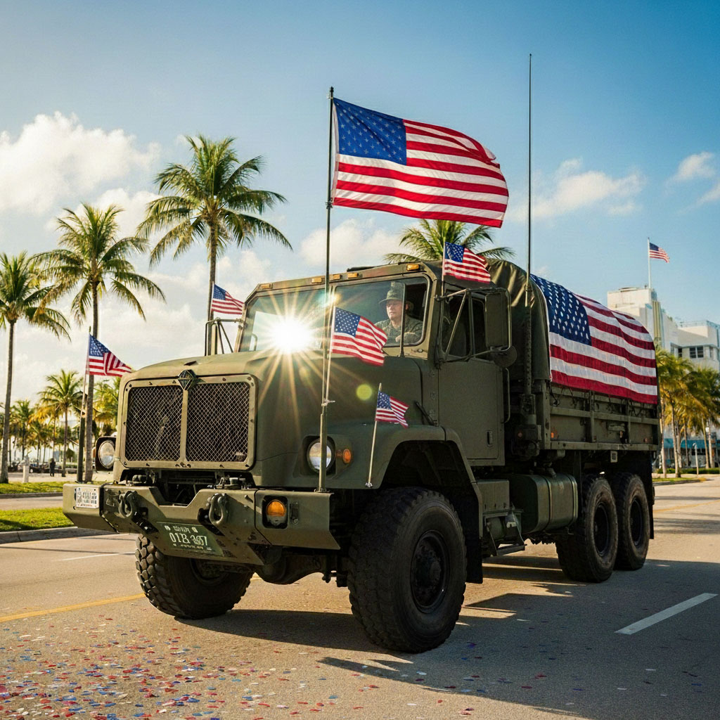 Large green military cargo truck (LMTV) from Miami Military Trucks, adorned with multiple American flags, driven by a uniformed person in a Veterans Day parade on a sunny Miami street with palm trees and confetti.