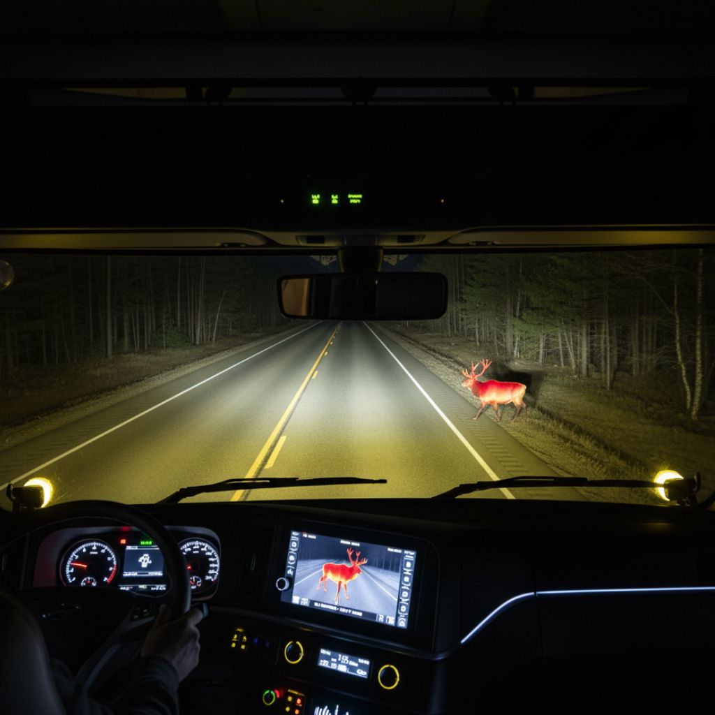 semi-trucks cab at dusk an enhanced view uses a thermal camera overlay to highlight elk on the roadside