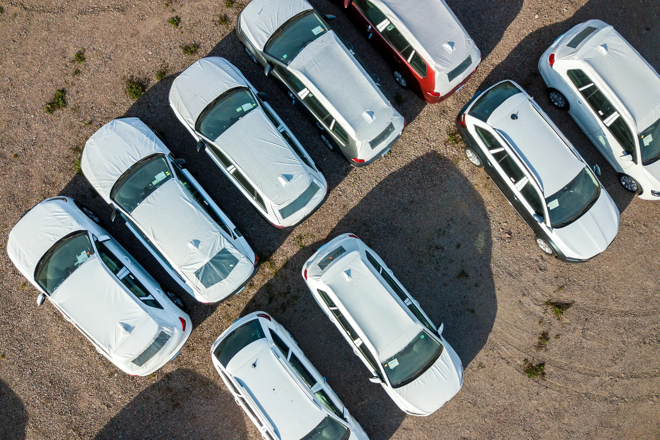 An aerial view of a fleet of predominantly white SUVs staged in organized rows on a gravel lot, likely awaiting bulk registration, titling, or deployment processing.