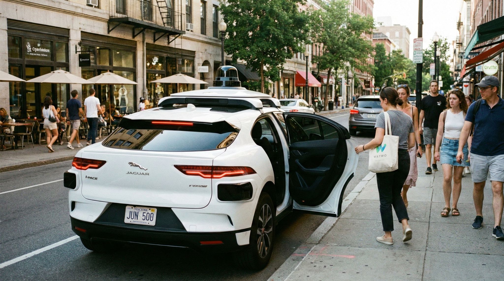A white Jaguar I-PACE equipped with rooftop sensors is parked on a busy city street as a woman approaches its open rear door amid passing pedestrians.