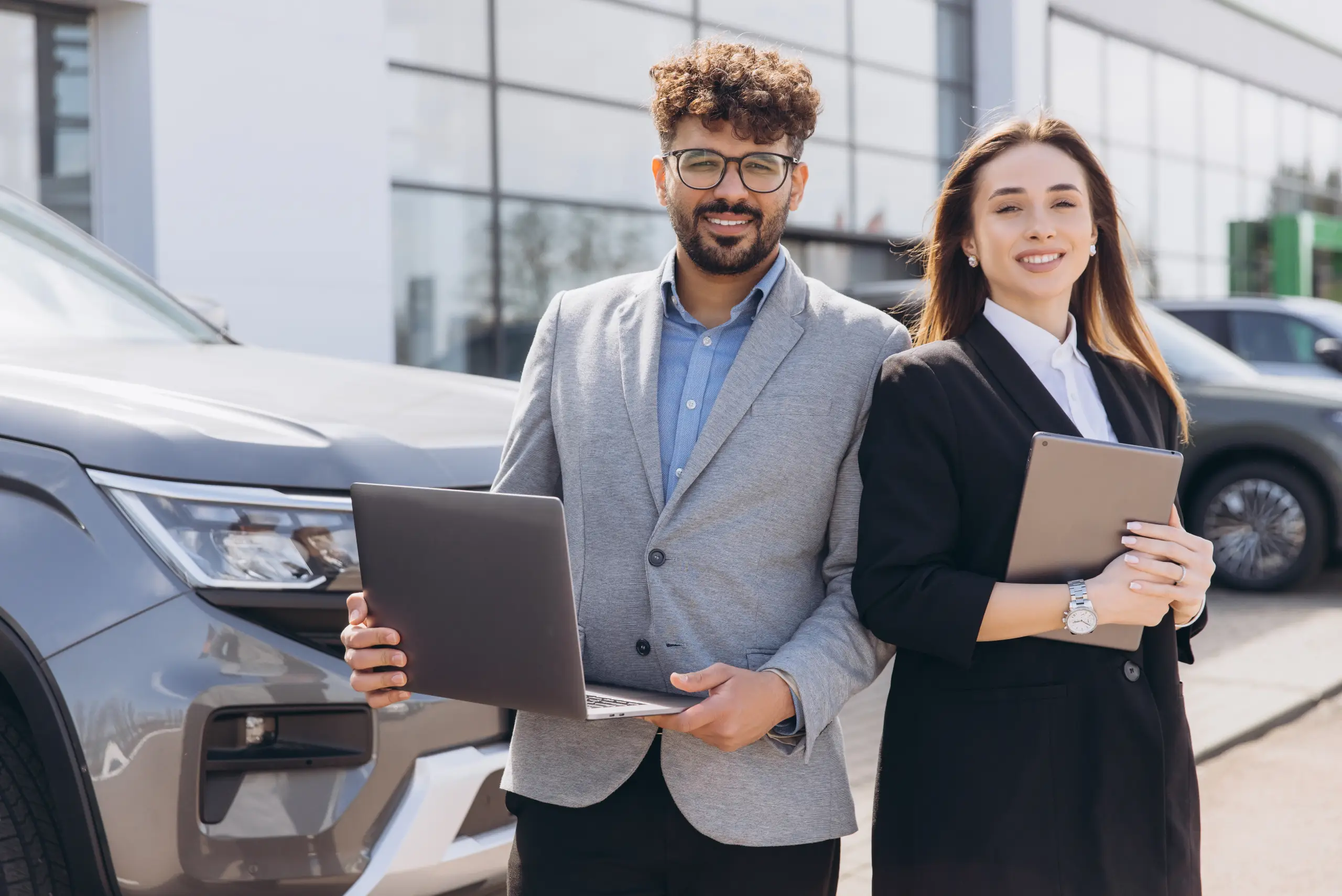 Two business professionals standing beside a vehicle outside a dealership, holding a laptop and tablet, represent structured and dependable Montana vehicle registration support for dealerships and fleet partners.