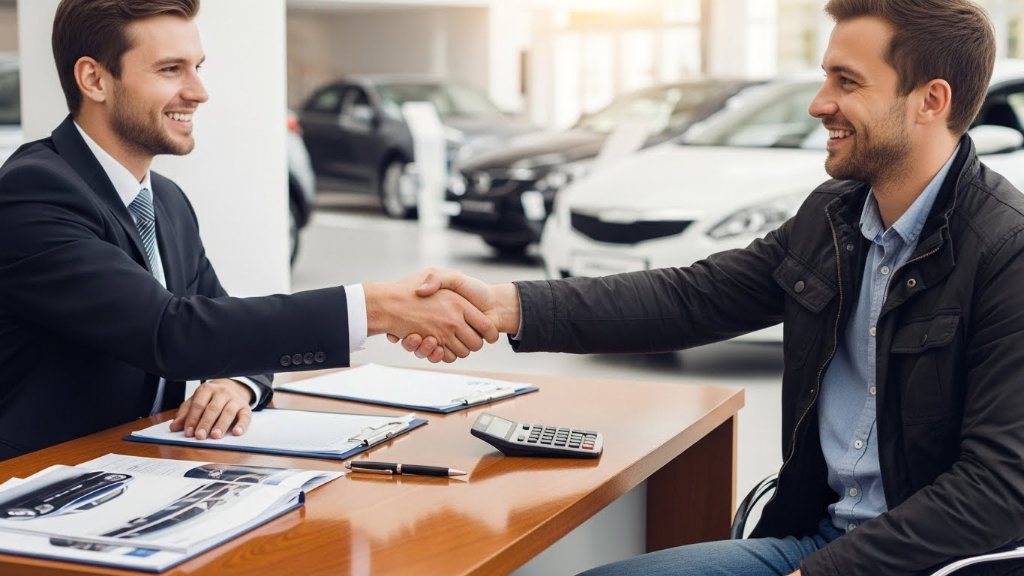 A smiling car salesman and a customer shaking hands over a desk at a car dealership to finalize a vehicle purchase.