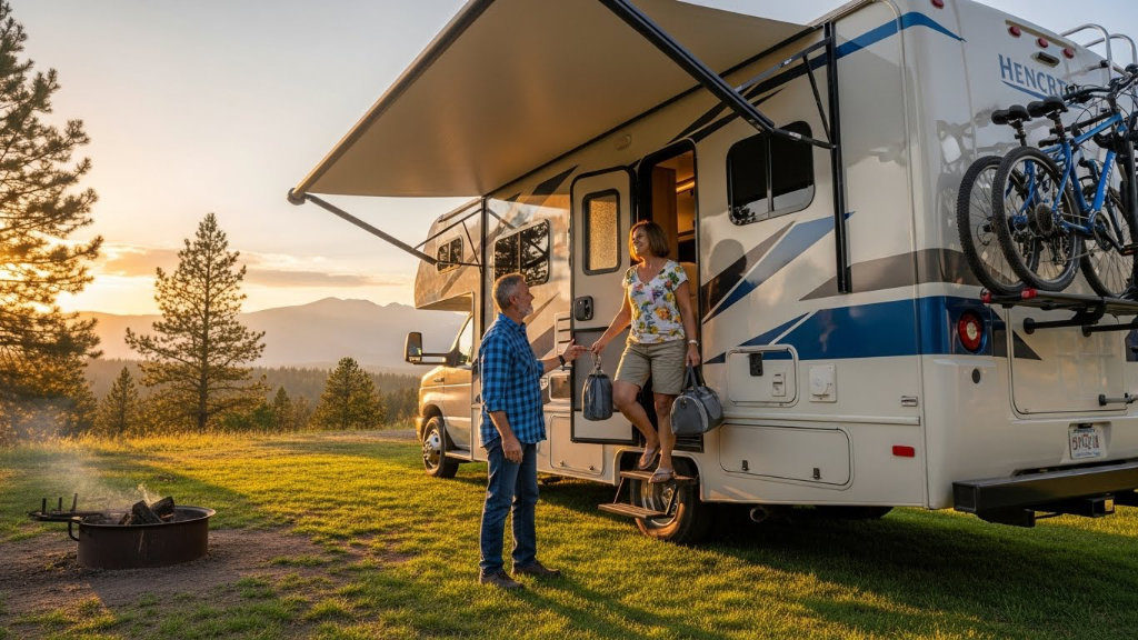 A senior couple at a scenic mountain campsite with a Class C motorhome, featuring an open awning, a campfire, and bicycles on a rear rack during sunset.