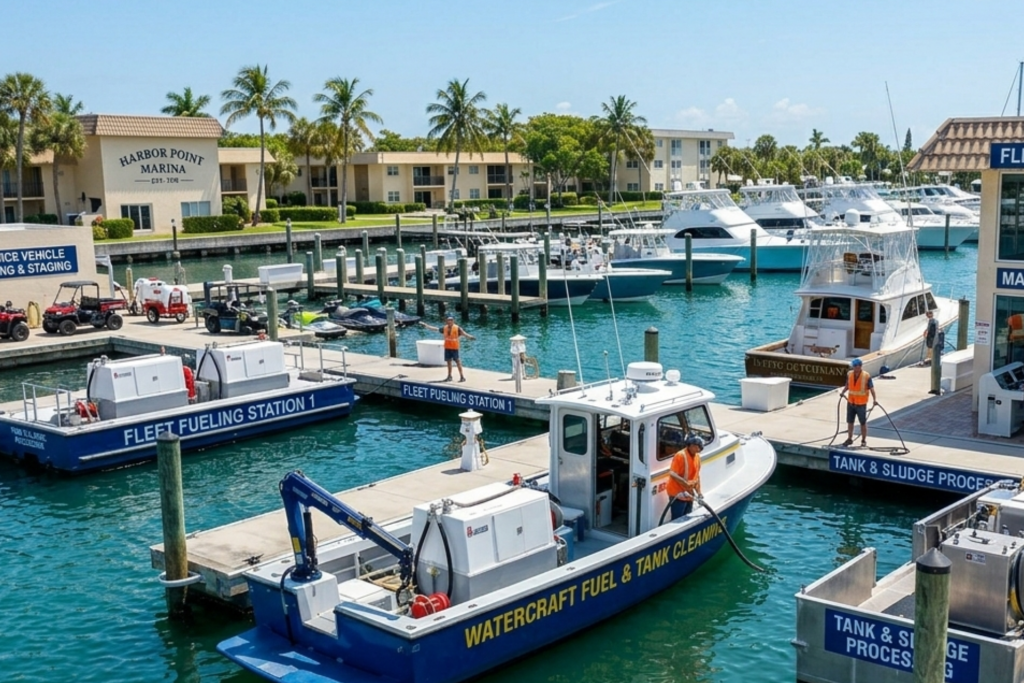 Commercial marina with multiple docked yachts and a fleet fueling vessel servicing watercraft.