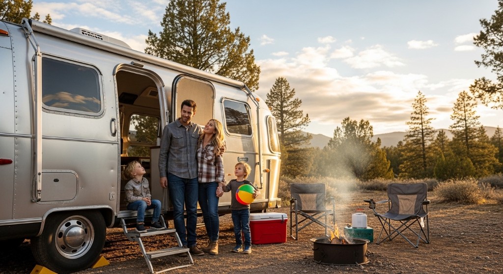 A smiling family of four stands outside their silver aluminum travel trailer next to a campfire at sunset in a mountainous forest setting.