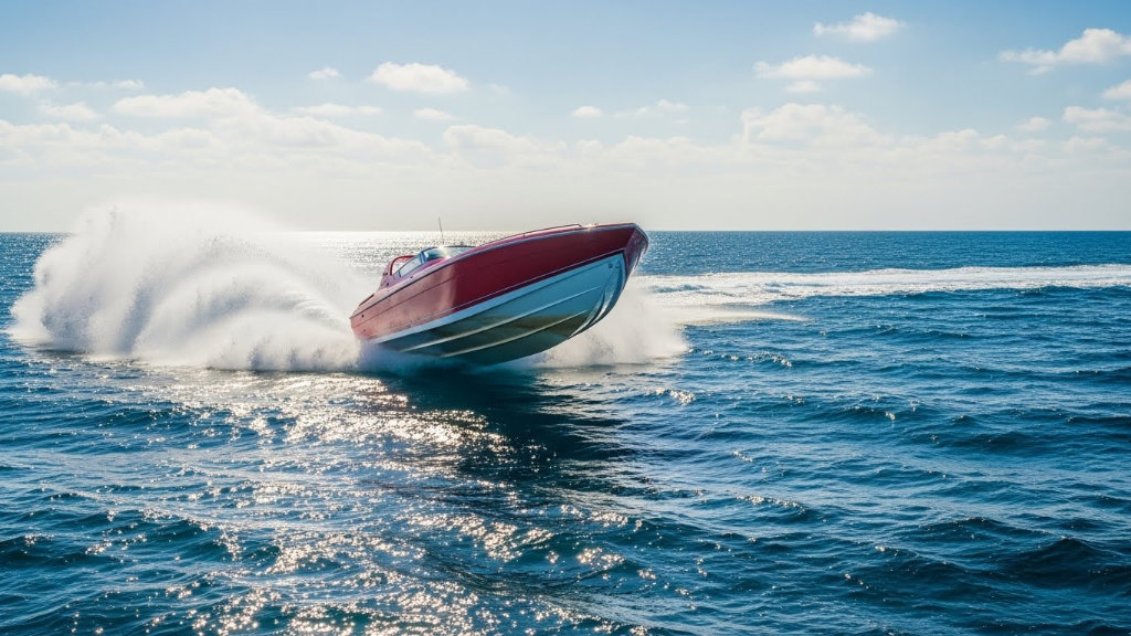A high-speed red powerboat leaping out of the blue ocean water, creating a massive white wake spray under a clear sunny sky