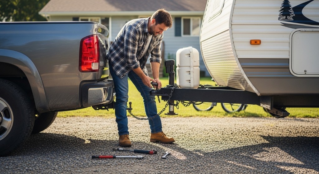 A man in a plaid shirt carefully connects a travel trailer to a pickup truck on a gravel driveway, preparing for a road trip.