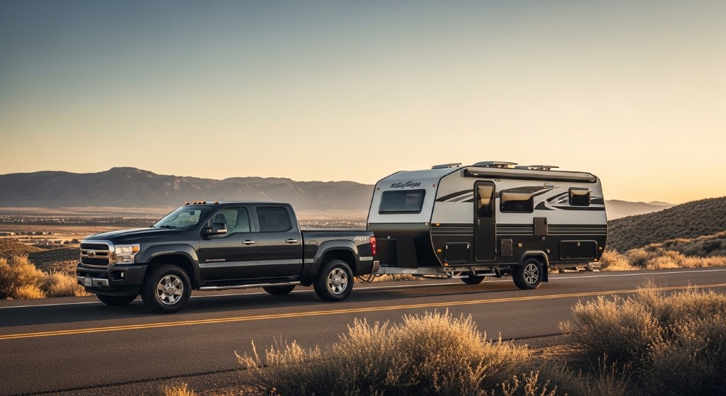 A dark grey heavy-duty truck pulls a long black and white travel trailer down a highway through a desert mountain landscape during golden hour.