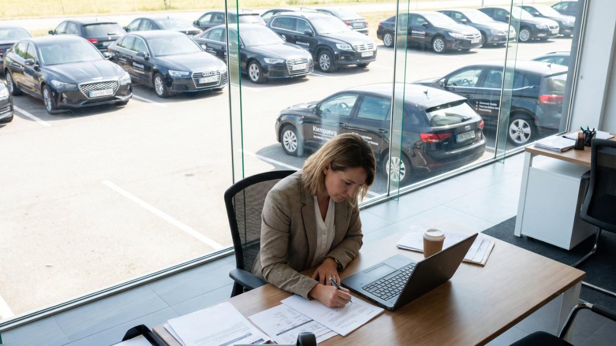 A professional strategizes compliant registration management from a modern office overlooking a fleet of cars.
