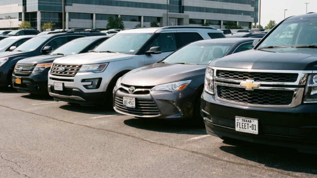 A diverse lineup of commercial fleet vehicles parked in a large lot, illustrating the asset management involved in resolving fleet vehicle registration issues for mixed-use fleets.