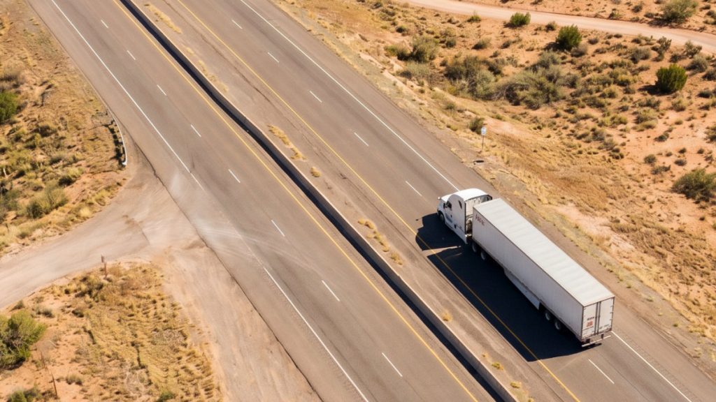 An overhead view of a white semi-truck and trailer traveling on an open desert highway, representing the large assets that require complex fleet vehicle registration and interstate compliance management.