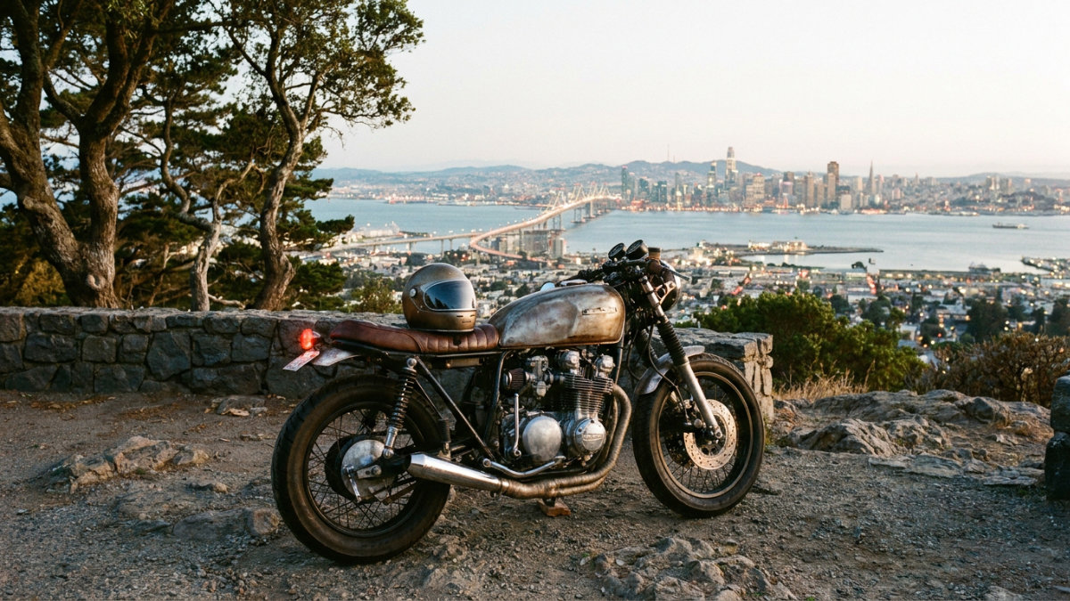 Custom cafe racer motorcycle parked at a hilltop overlook above San Francisco Bay - Montana Registration Services - Montana Registration Services Side view of a raw metal custom cafe racer with a brown leather seat and a helmet resting on the tank, parked on a rocky hilltop with a panoramic view of the San Francisco Bay, the Bay Bridge, and the city skyline at dusk