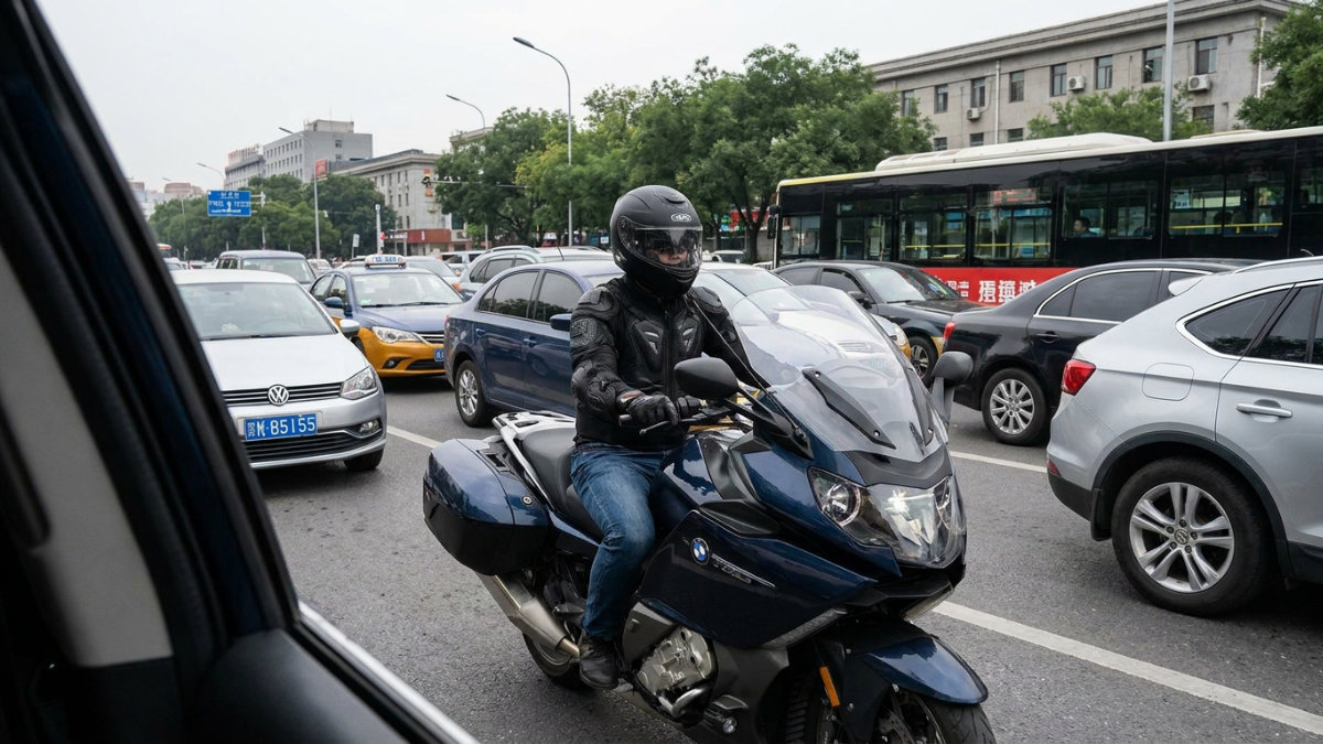Side view of a rider in a black helmet and armored jacket on a navy blue BMW touring motorcycle, moving through congested urban traffic surrounded by cars and a city bus