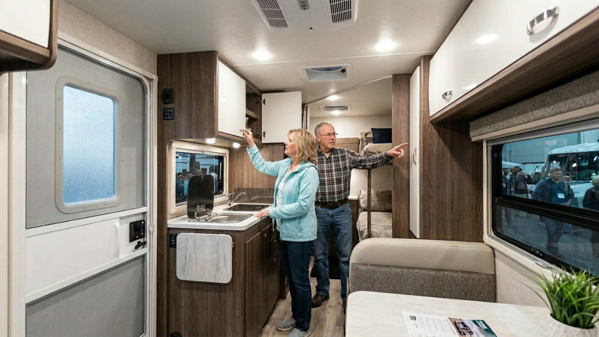 Couple inspecting the interior storage and layout of a new RV at a dealership showroom