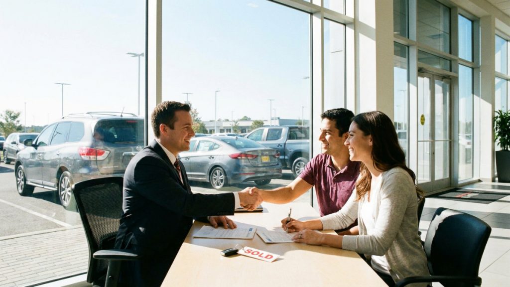 Salesperson shakes hands with a couple at a dealership desk, finalizing a sale with a 'SOLD' card nearby.