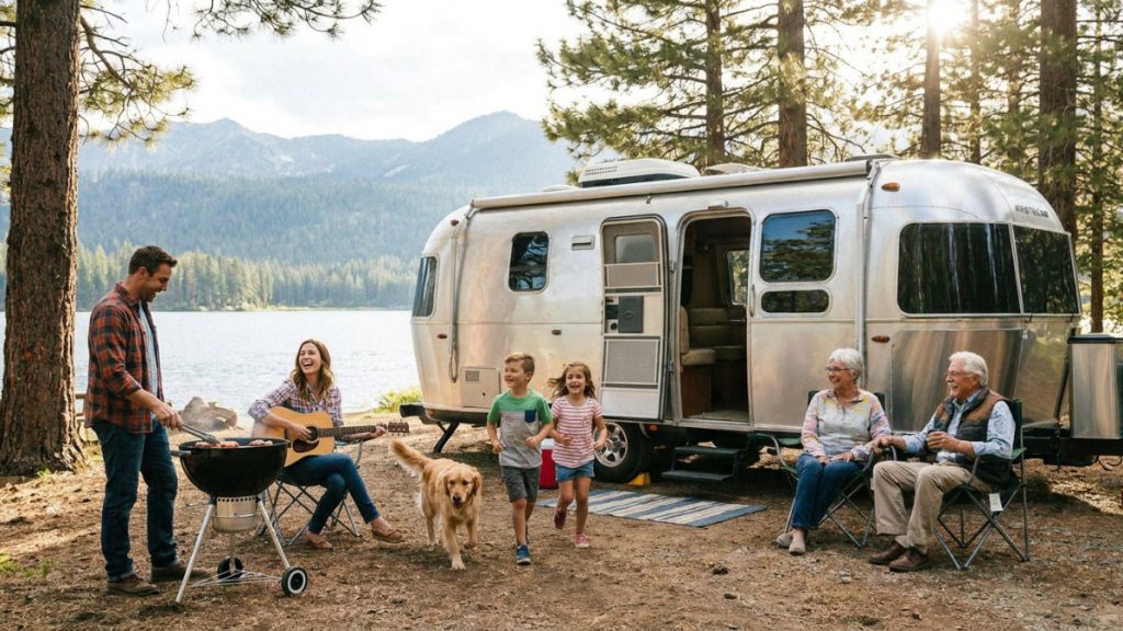 Multi-generational family enjoying an outdoor cookout beside a silver travel trailer at a lakeside campsite surrounded by pine trees and mountains