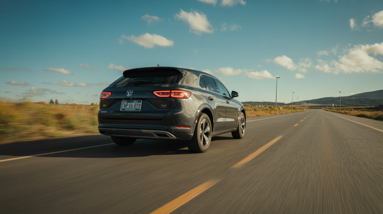 Rear view of a gray SUV driving away on an empty two-lane highway under a blue sky with scattered clouds, desert landscape nearby.