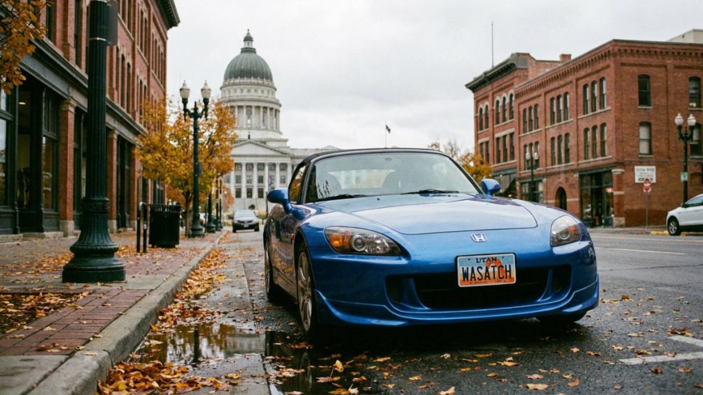 Front three-quarter view of a blue Honda S2000 AP1 convertible with the top down, parked on a wet, leaf-strewn brick street in an autumn city environment. The historic Utah State Capitol building dome is centered in the background.