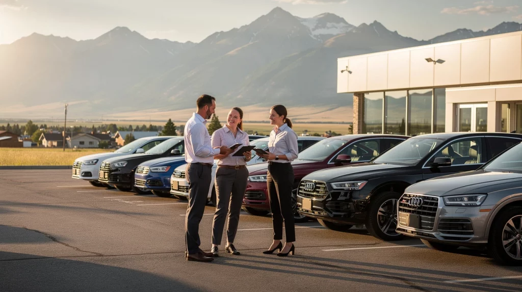 Three coworkers in business attire stand beside a row of cars at a dealership, reviewing tablets as mountains loom in the background.