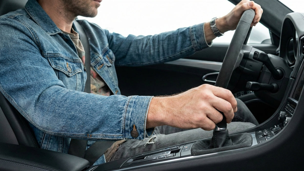Interior close-up view focusing on a male driver's right hand actively gripping and moving a manual gear shift lever in a modern sports car. He wears a denim jacket.