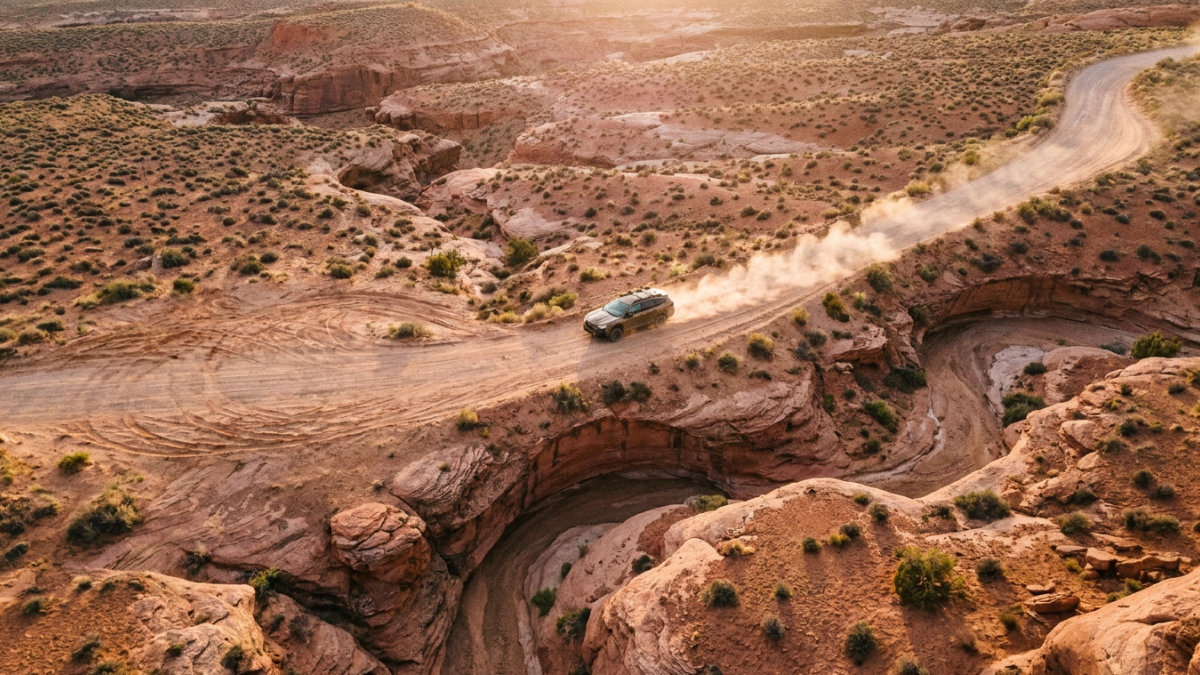 An aerial drone shot captures a dark overland vehicle kicking up dust while driving along a winding, rugged dirt trail in a vast desert canyon landscape. The scene is illuminated by warm, late-afternoon sunlight, highlighting the red rock formations.