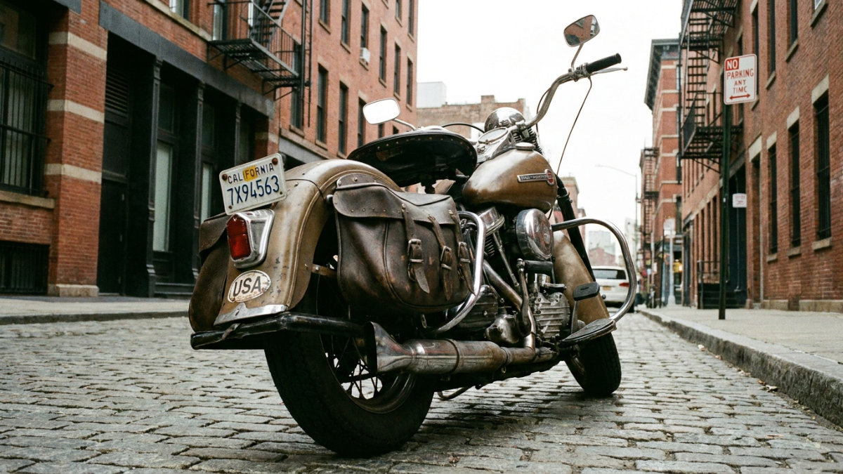 Vintage brown motorcycle with leather saddlebags parked on a cobblestone city street between brick buildings.