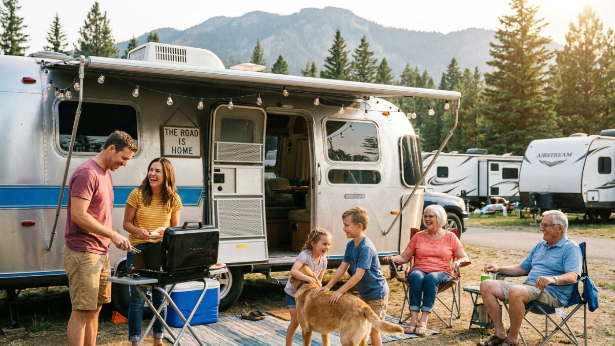 Family enjoying camping outside an RV after buying an RV out of state, gathered by a trailer in a scenic mountain campground