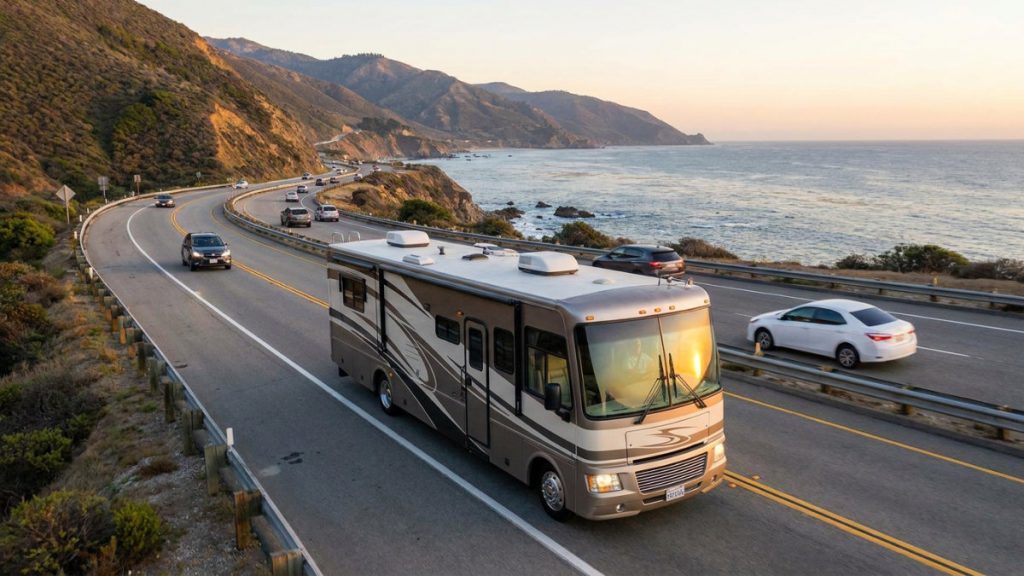 Class A motorhome driving along a coastal highway at sunset with ocean cliffs in the background