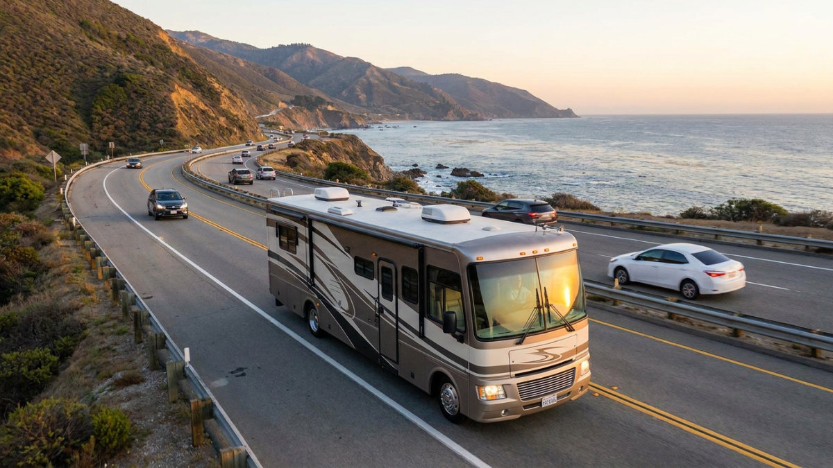 Class A motorhome driving along a coastal highway at sunset with ocean cliffs in the background