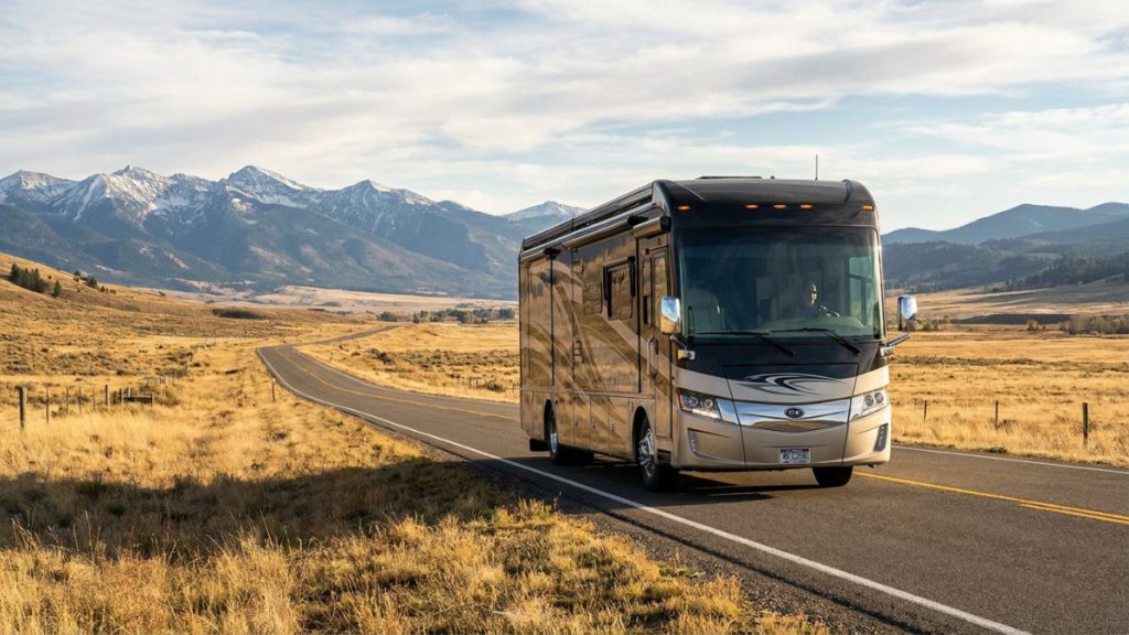 Motorhome driving through open landscape after buying an RV out of state, traveling on a scenic highway with mountains in the background