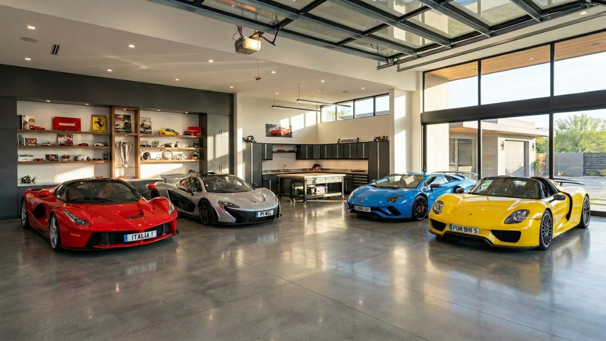 A wide-angle shot of a high-end, modern garage with polished concrete floors and glass doors. Four elite supercars are parked inside: a red Ferrari LaFerrari, a silver McLaren P1, a blue Lamborghini Aventador, and a yellow Porsche 918 Spyder. The space includes sleek black cabinetry and automotive memorabilia on open shelving.