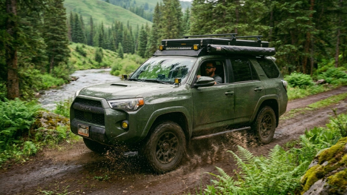 An army green Toyota 4Runner, fully modified with an off-road bumper, winch, lighting, and a roof rack with a hardshell tent and awning, drives through a muddy puddle on a remote forest road next to a flowing river. The scene is lush and green with evergreen trees.