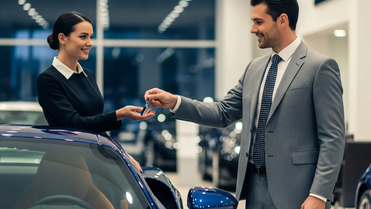 Professional car dealership representative handing vehicle keys to a business client inside a modern showroom, with a blue luxury car in the foreground.